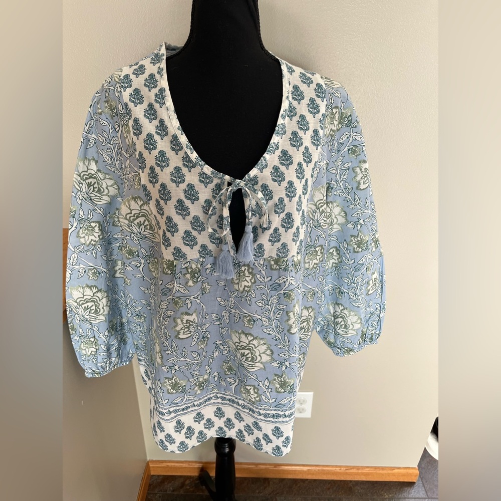 New women’s Casa Cabana Sue blue sage ivory floral boho cotton top. Size XL